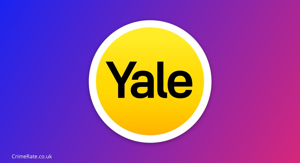 Yale alarm logo on blue and purple background. 