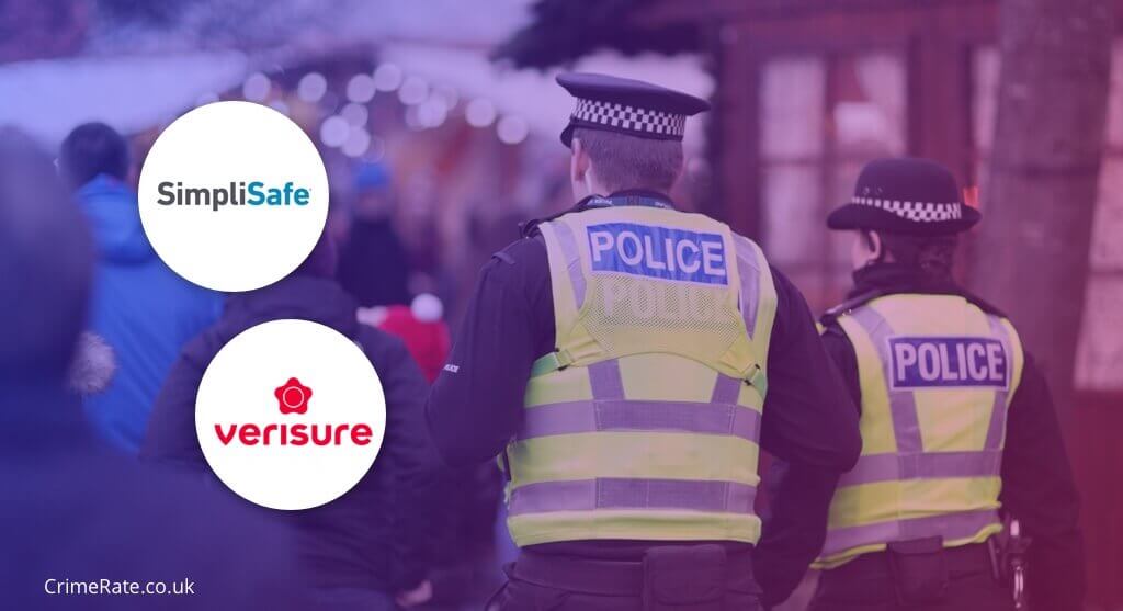 Illustration of security system logos over UK police photograph. 